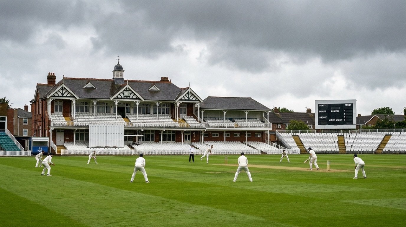 A county cricket ground on an overcast day with fielders spread across a green outfield and an empty pavilion behind