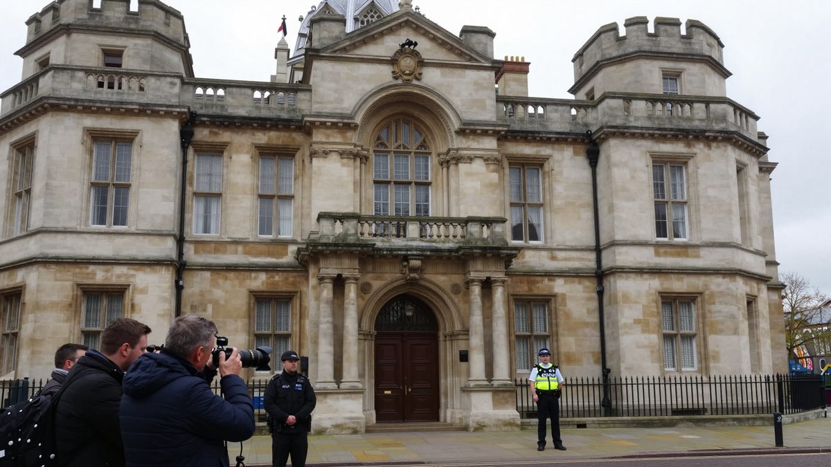The stone exterior of a UK Crown Court building with press and police officers gathered outside