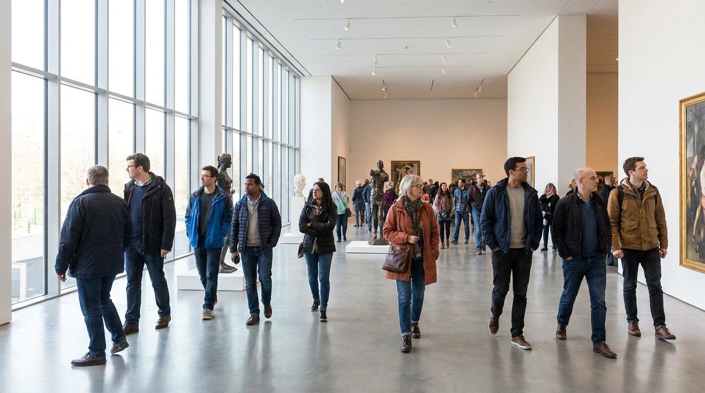 Visitors walking through a bright modern museum gallery