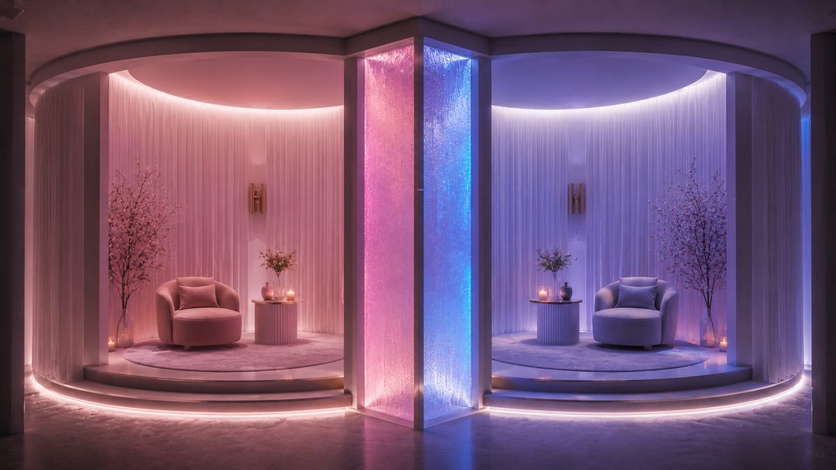 The pink and blue dating pods separated by a glowing translucent wall