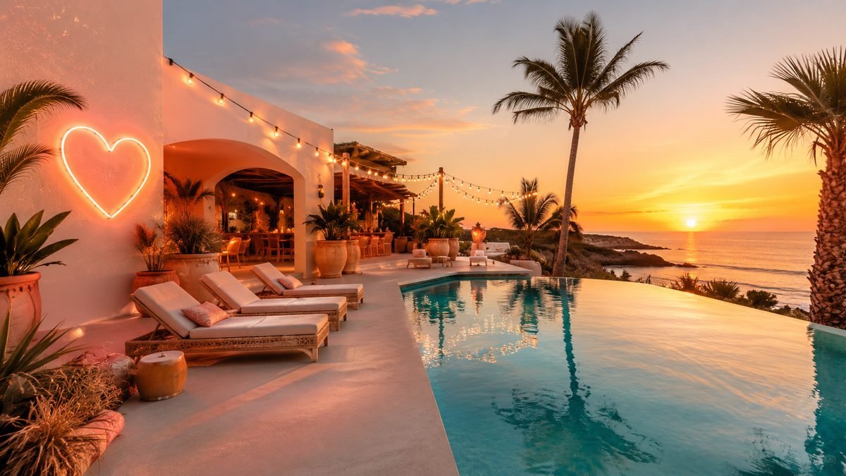 A Love Island-style villa with a neon heart, infinity pool and sunset over the sea