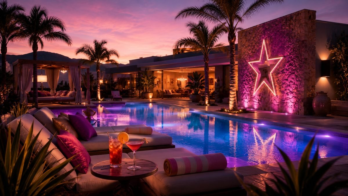A luxury villa at dusk with a large neon star, a lit pool and palm trees