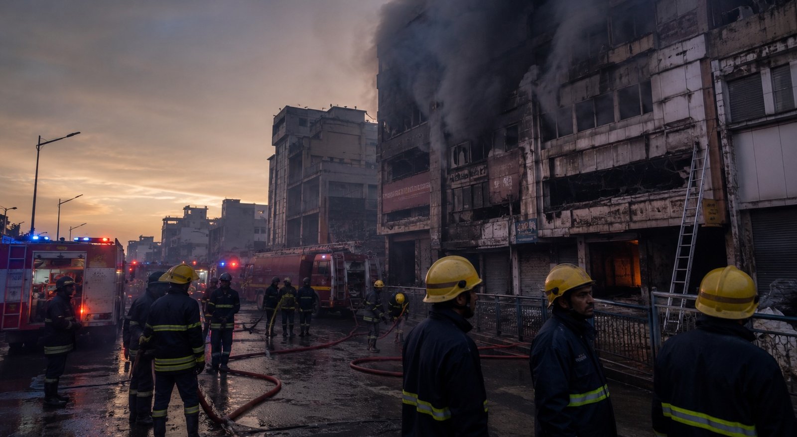 Firefighters in protective gear responding to smoke rising from a multi-storey building, no identifiable people