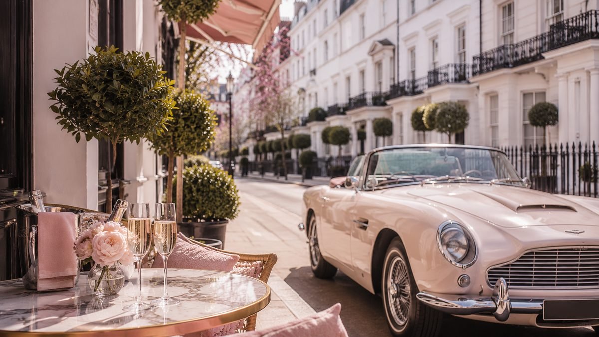 A pink vintage sports car on a smart white-stuccoed London street with champagne