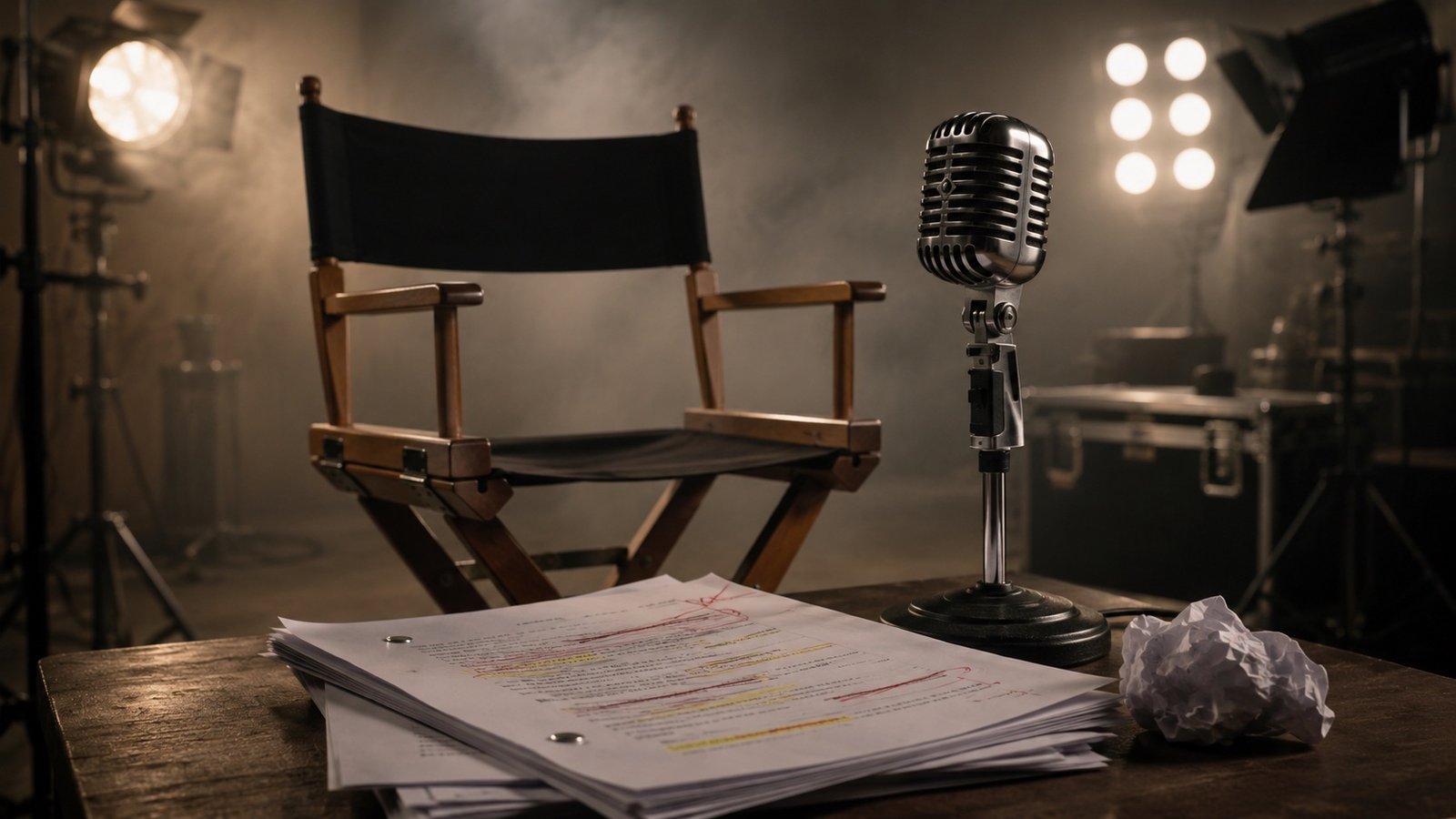 An empty film set with stage lighting and a clapperboard, no identifiable people