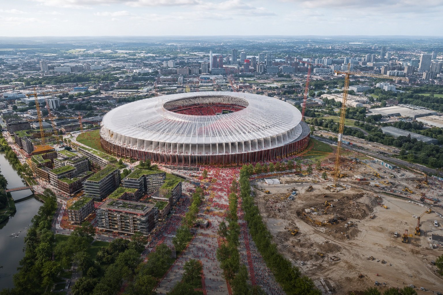 An aerial view of a vast modern football stadium under construction beside an older arena, surrounded by cranes and a regenerating urban district