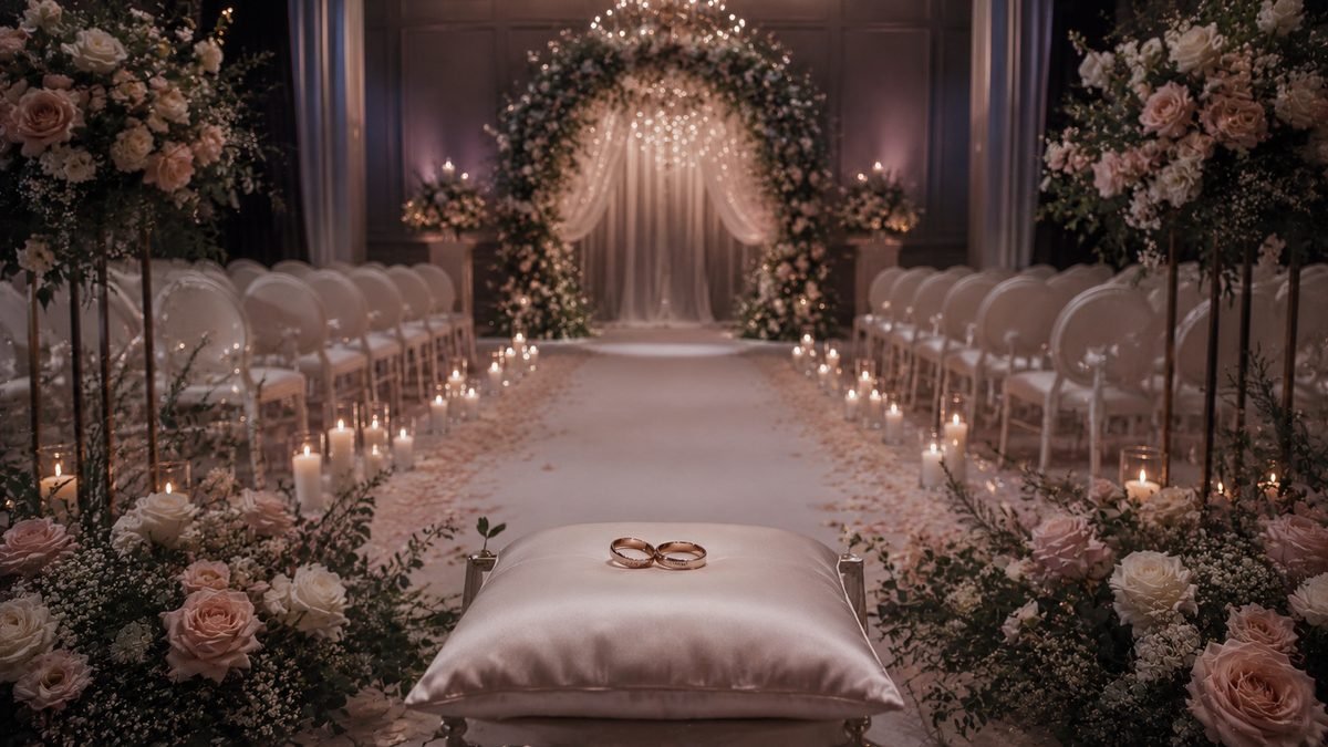 A candlelit wedding aisle lined with flowers, with wedding rings on a cushion