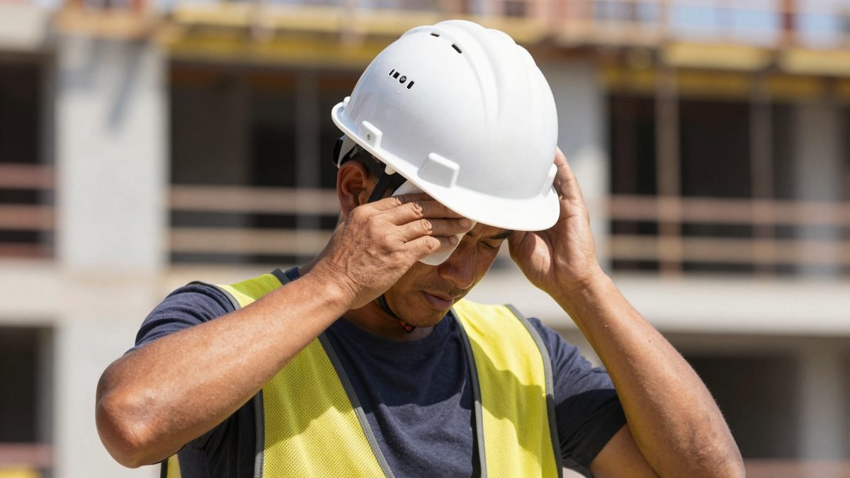 A construction worker wiping their brow in bright sunshine on a building site during hot weather