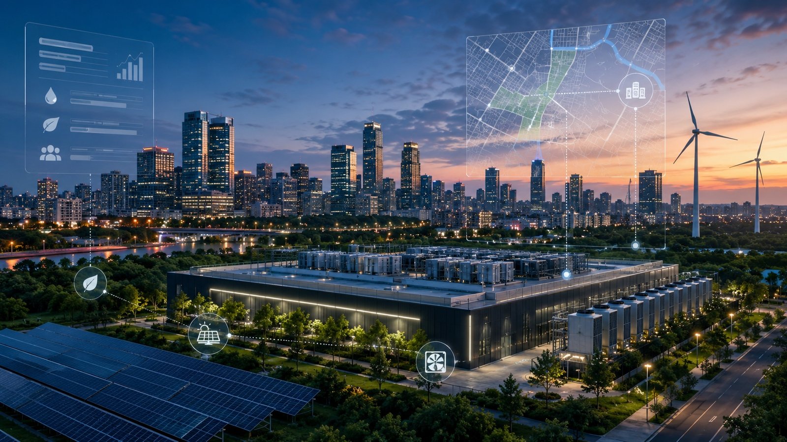 Modern data centre buildings on the edge of a city skyline at dusk