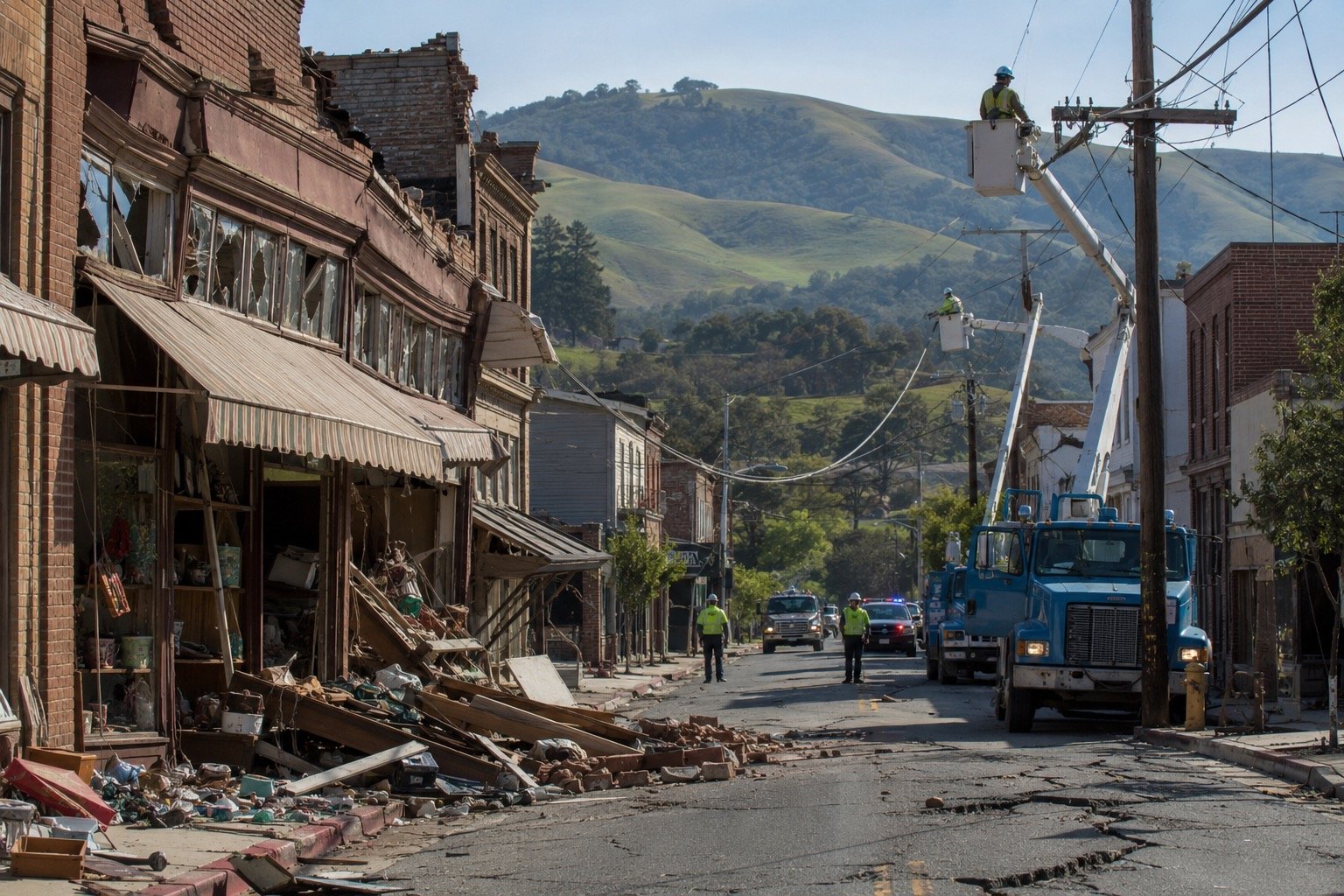 Editorial illustration of earthquake damage in a rural Californian town