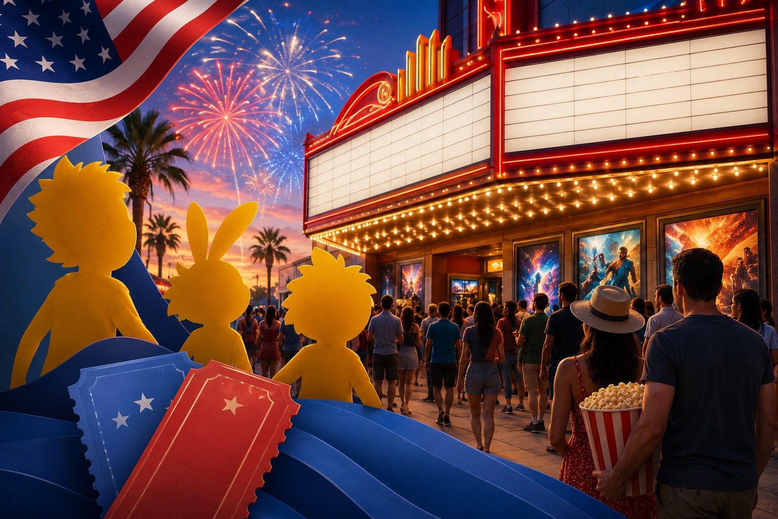 Cinema marquee and popcorn evoking the July Fourth holiday box office weekend