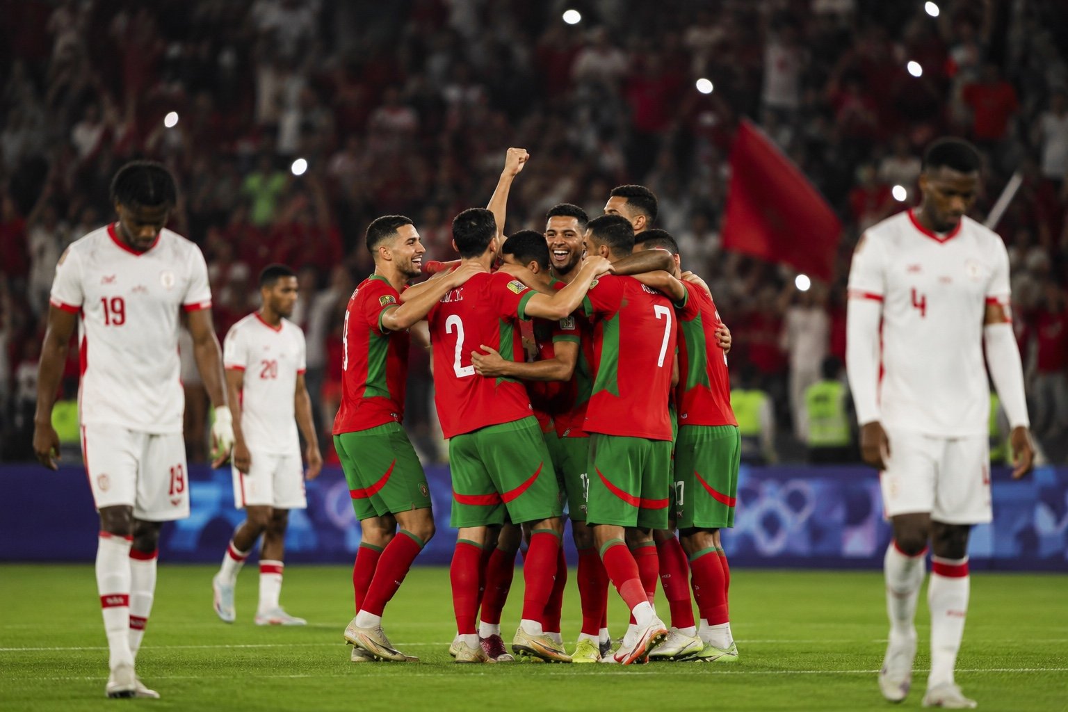 Morocco players celebrate a goal against Canada in their World Cup round of 16 win