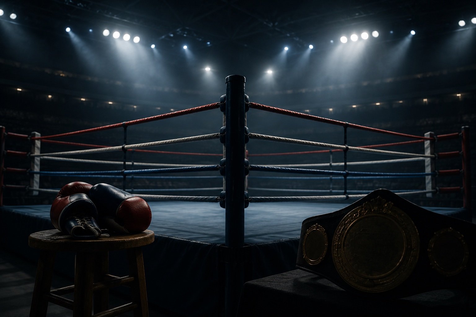 A boxing ring with ropes and bright overhead lights in an empty arena, no identifiable people