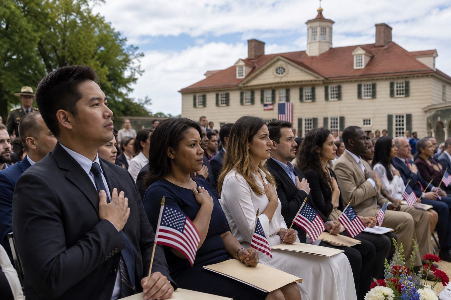 New citizens holding American flags at a naturalisation ceremony at Mount Vernon