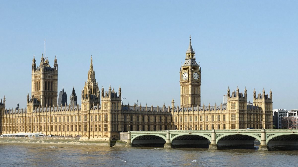 The Palace of Westminster and Big Ben viewed across the River Thames on a clear day
