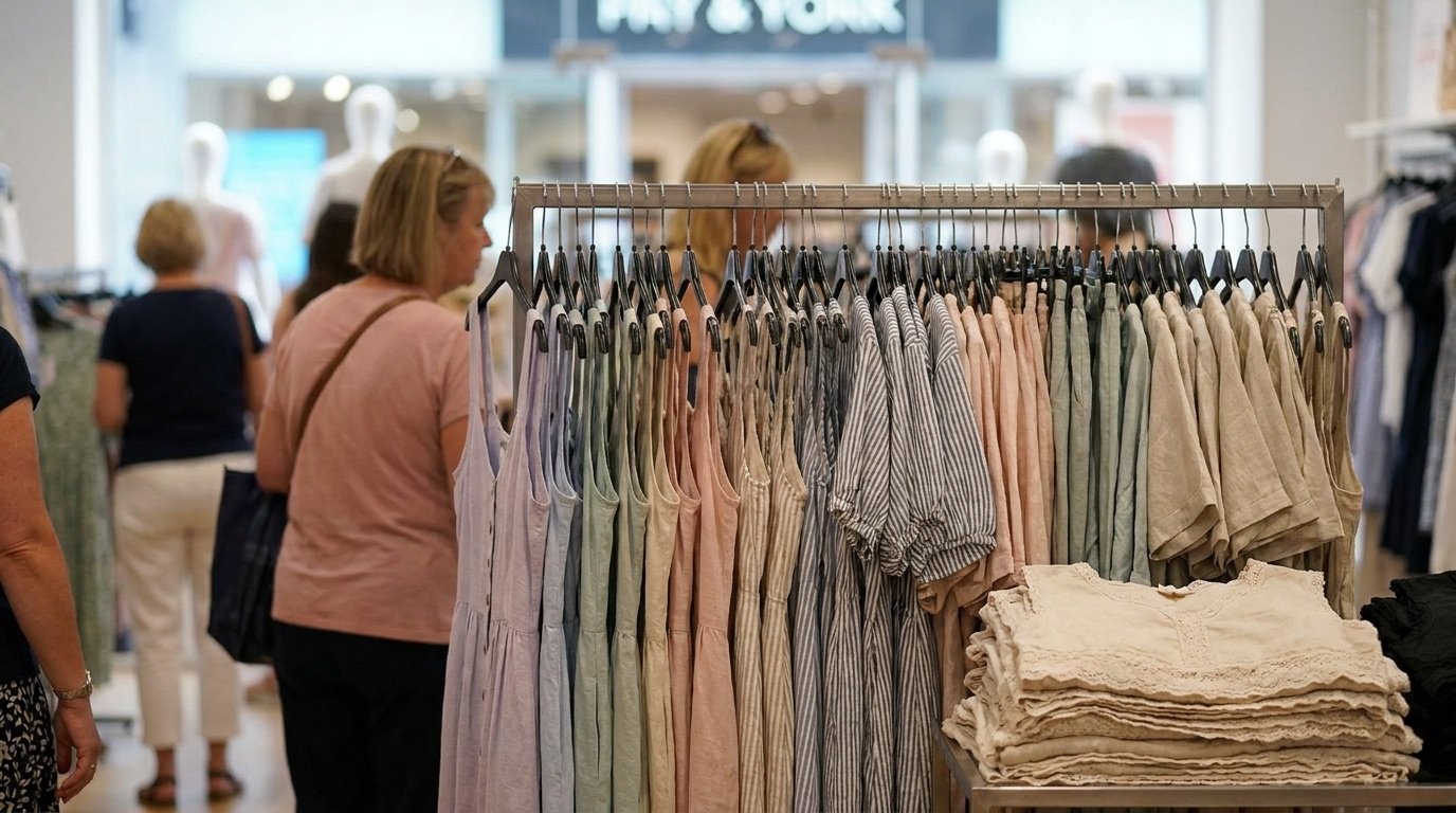 A rail of summer linen dresses and lace-trimmed tops in a high-street store