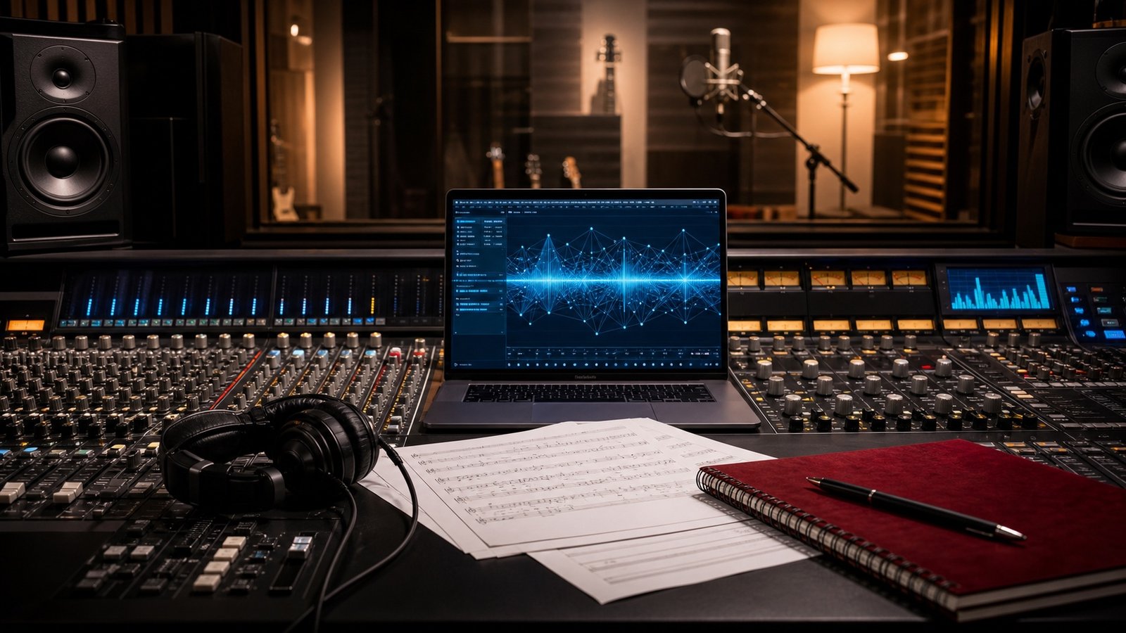 A recording studio mixing console with abstract waveform data on a laptop