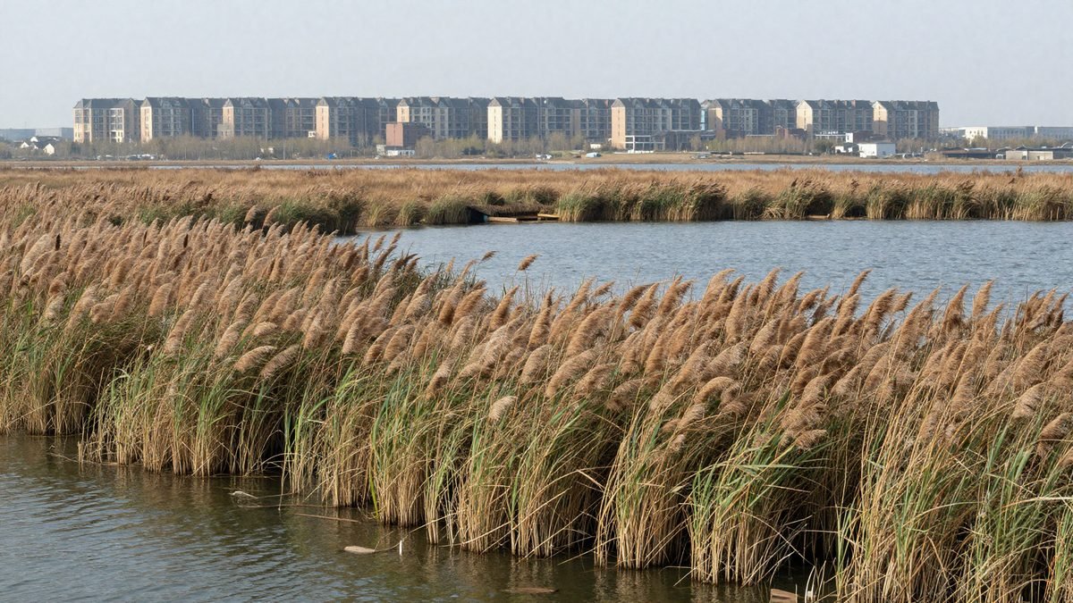 A restored wetland with reeds and open water beside a new development on the horizon