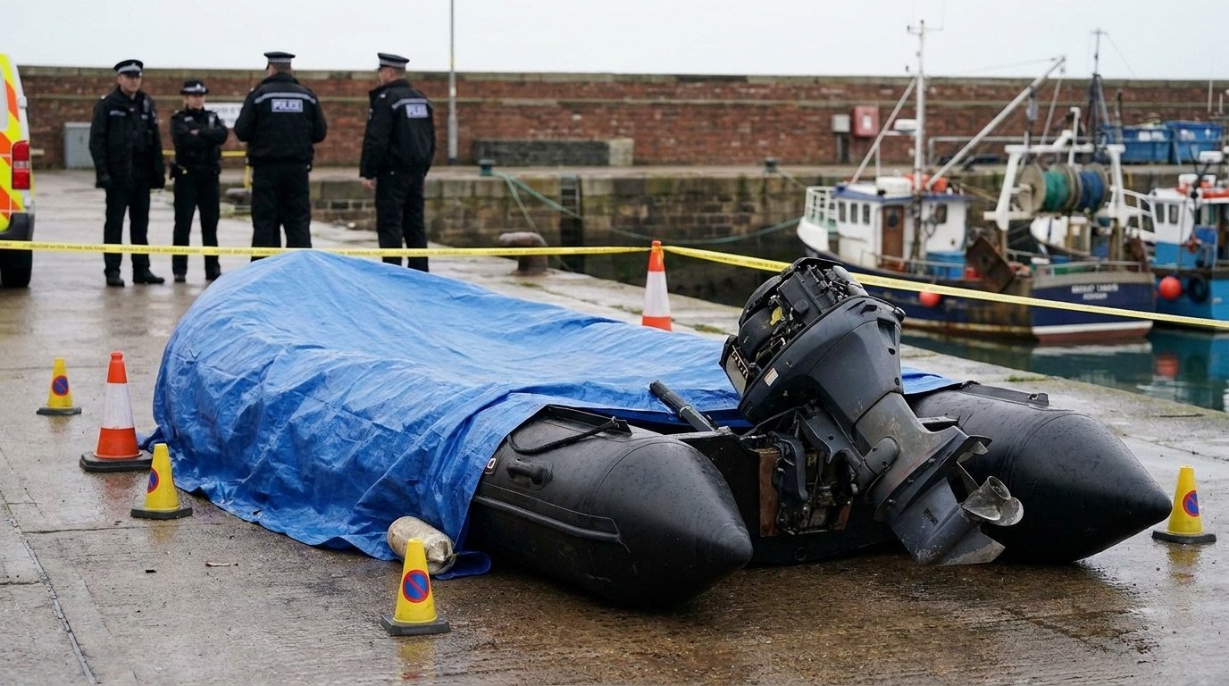 Generic image of a UK law-enforcement badge and seized inflatable boat equipment, no identifiable individuals