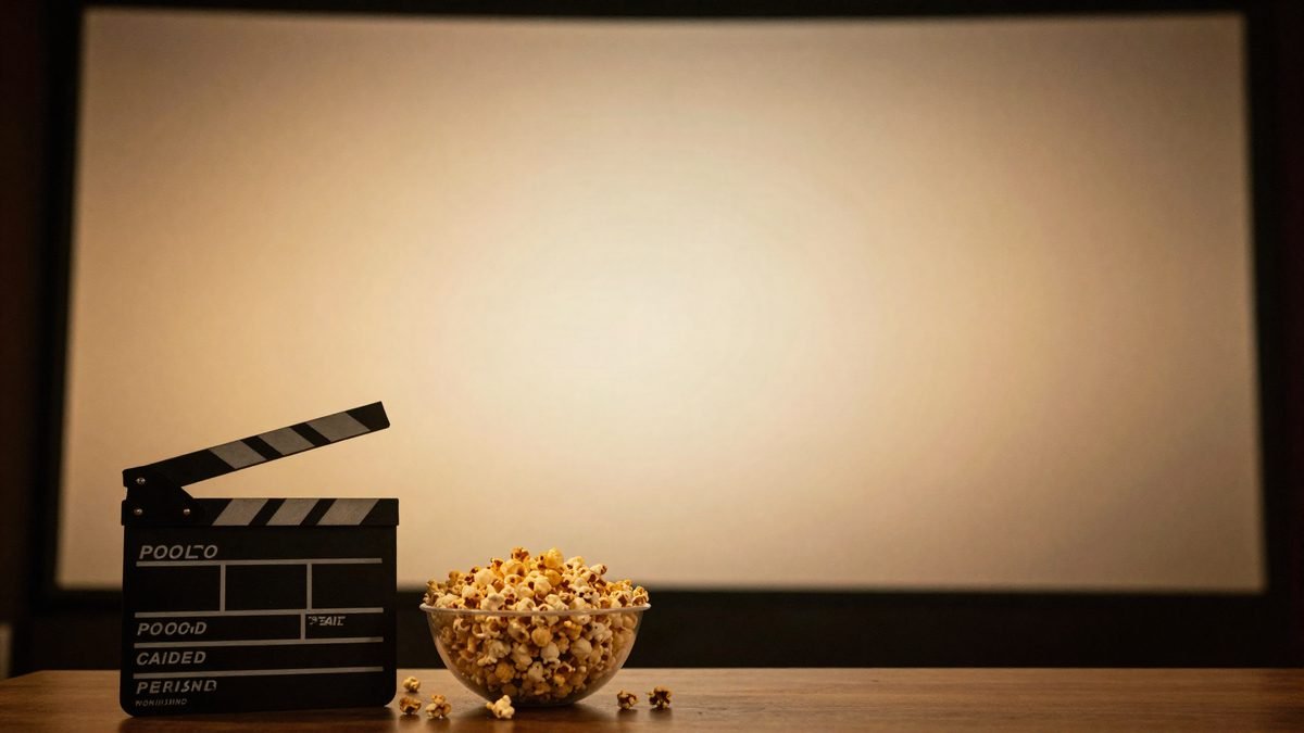 Popcorn and a clapperboard in front of a glowing home-cinema screen