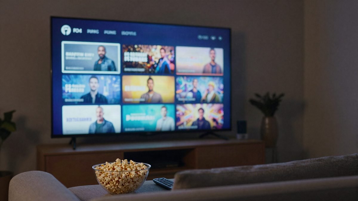 A living room TV glowing with a generic streaming home screen at night