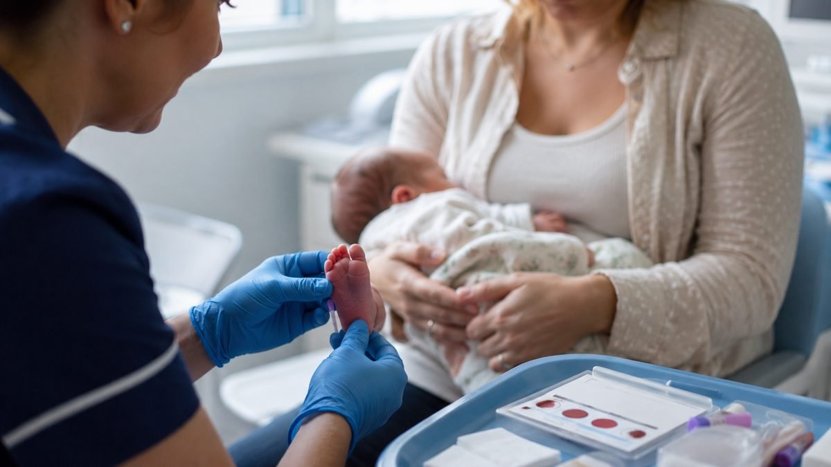 A nurse takes a heel-prick blood sample from a newborn baby held by its mother, with a blood-spot collection card on the tray