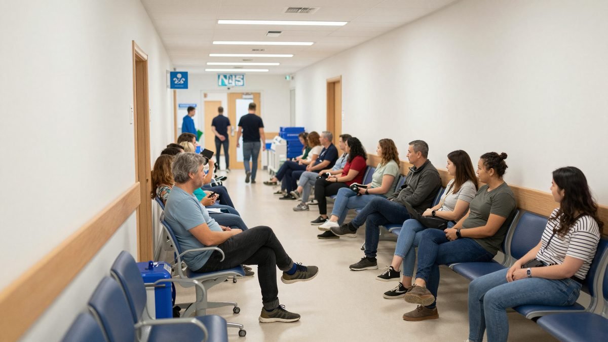 A busy NHS hospital corridor with patients seated waiting on chairs along the wall