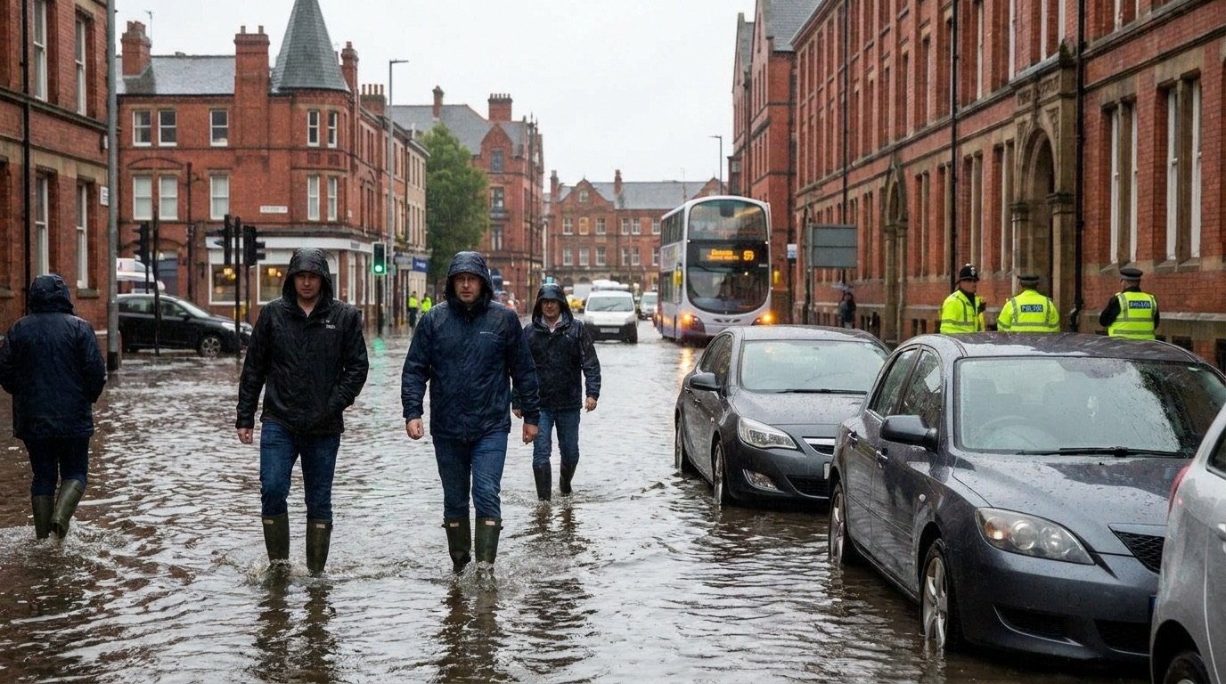 Flooded streets in a city during heavy seasonal rains