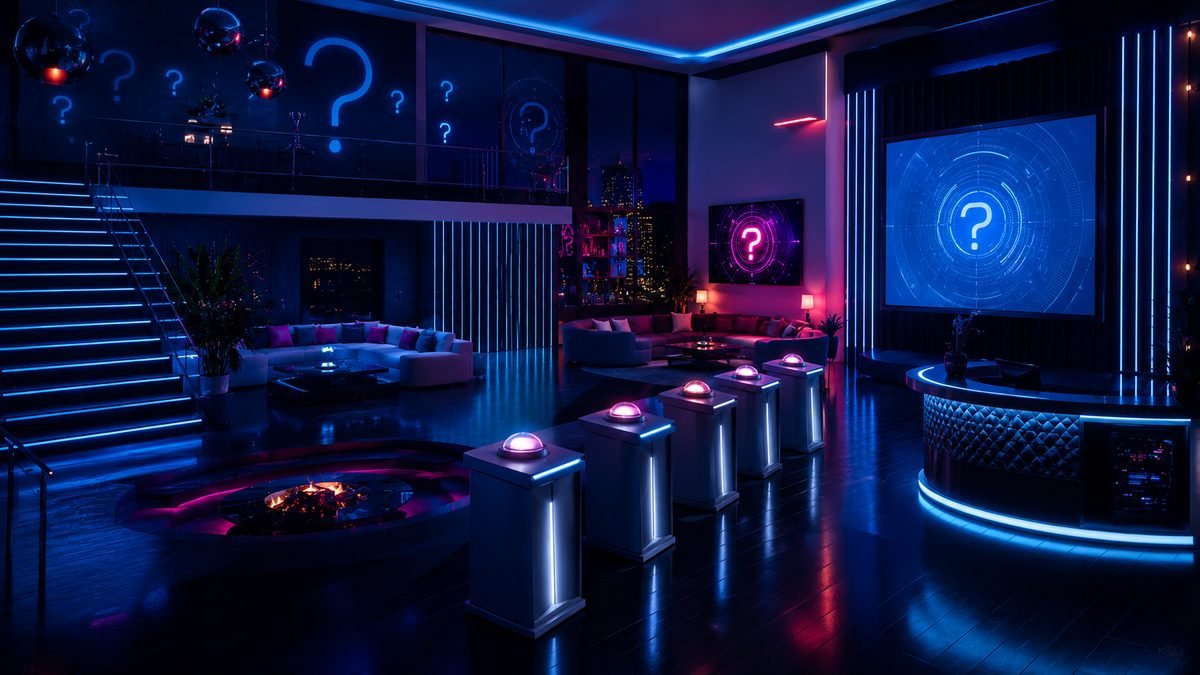 A dark neon games-show lounge covered in glowing question marks and buzzer plinths