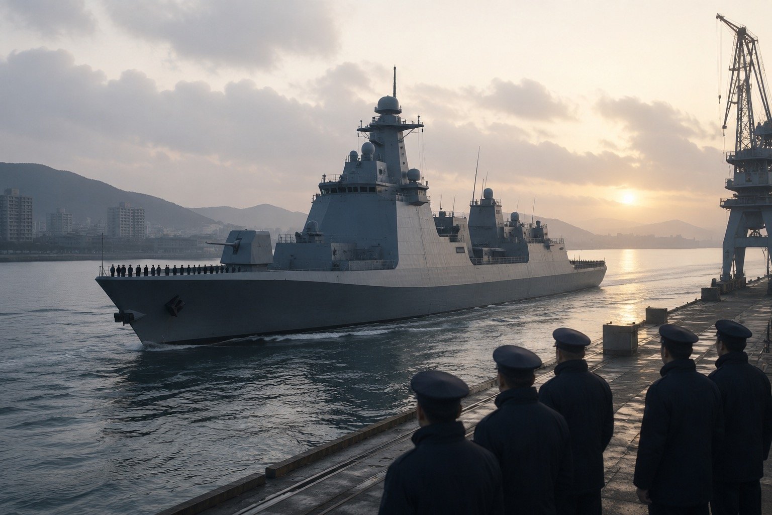 A naval destroyer at a port