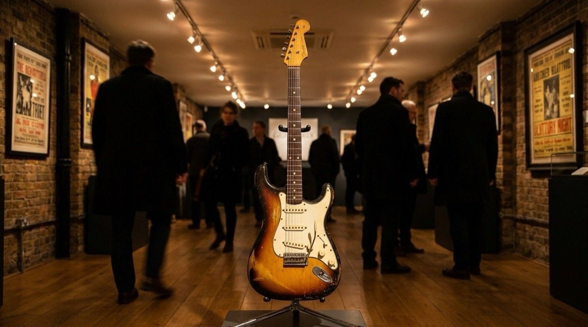 Illustrative image for the story: Oasis guitar sells for record £226,800 as Noel Gallagher Epiphone makes £12,000