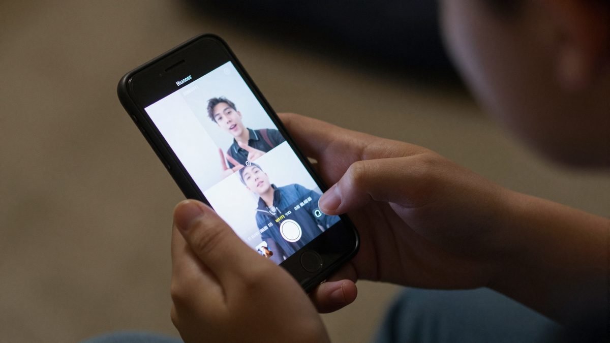 A teenager's hands holding a smartphone showing a vertical scrolling video feed, screen glow on their fingers