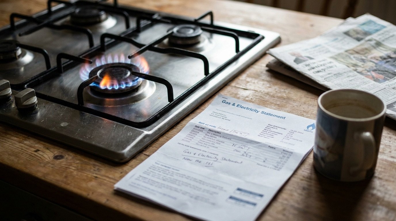 A domestic gas hob burning with a blue flame next to an energy bill