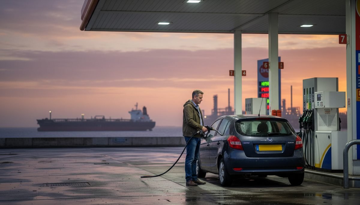 A driver refuelling a car at a coastal petrol station with an oil tanker and refinery behind