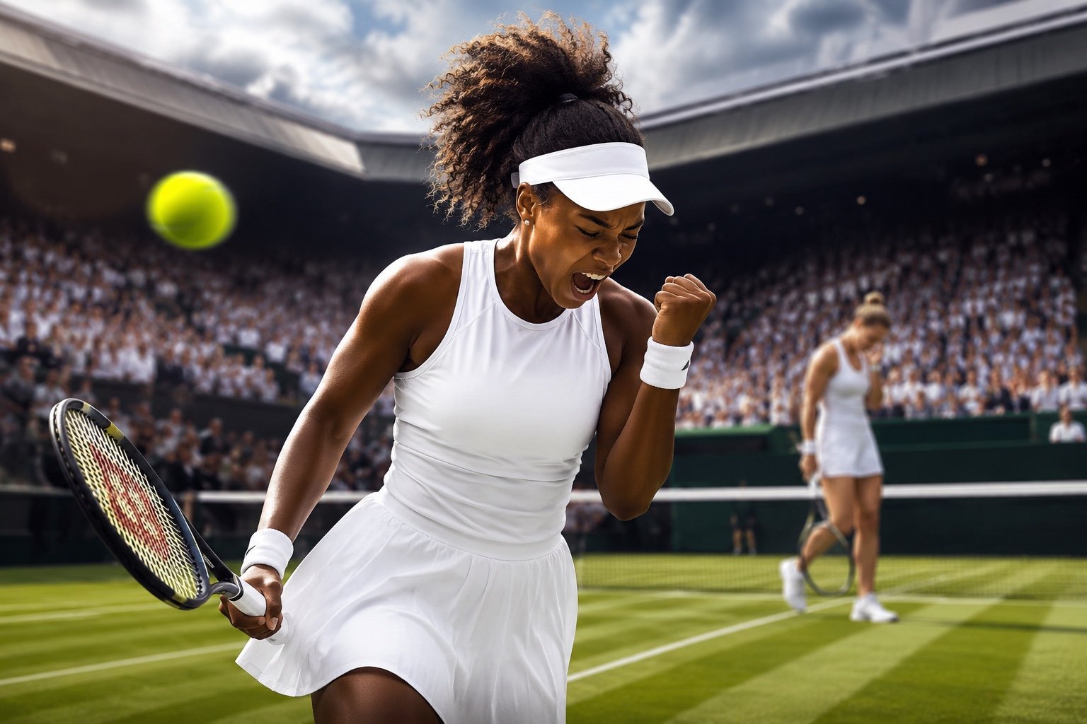 A tennis player striking a return on a Wimbledon grass court