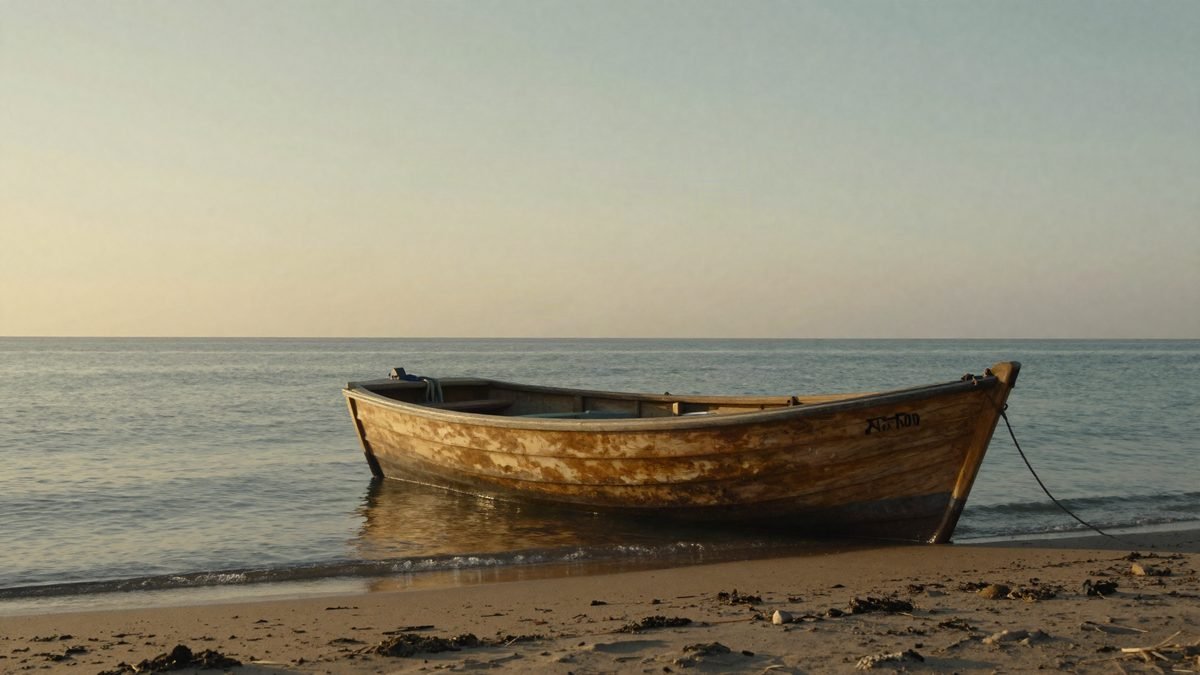 A wooden boat on calm coastal water at golden-hour sunset