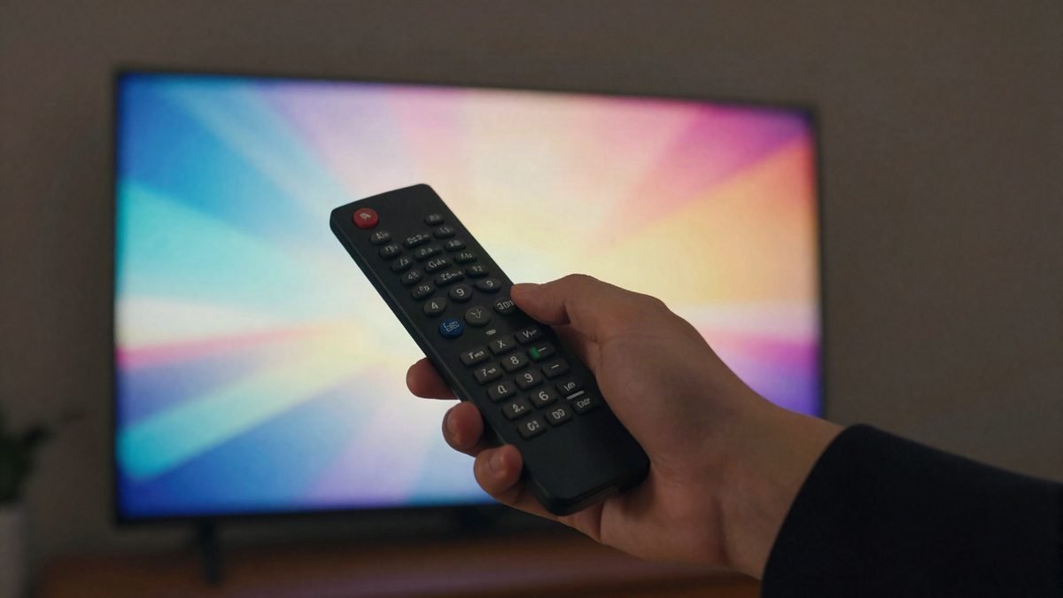 A hand pointing a remote at a glowing TV screen