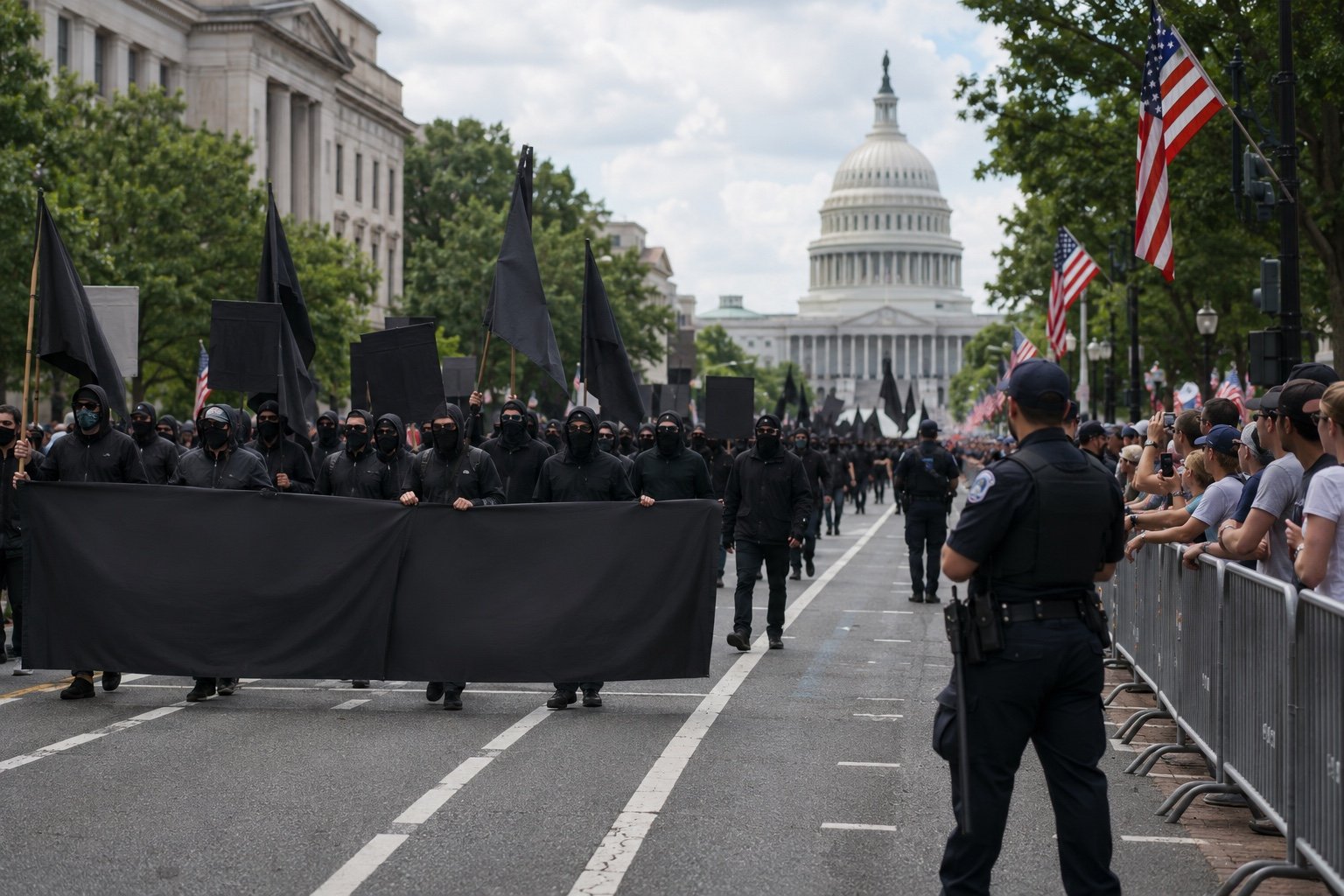 A police presence near Union Station in Washington DC during a public demonstration