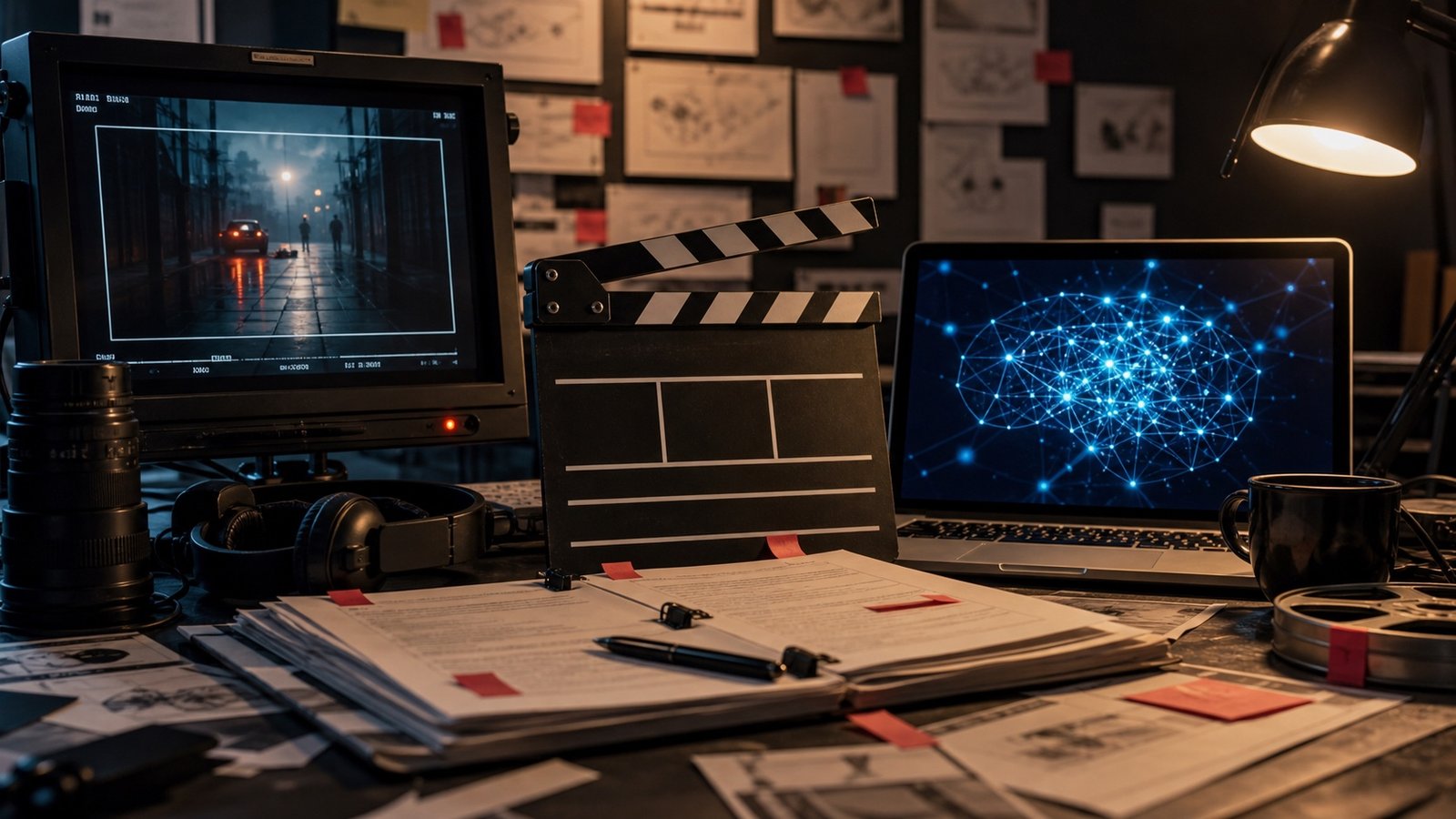 A filmmaker's desk with a clapperboard, script pages and an abstract AI diagram on a laptop