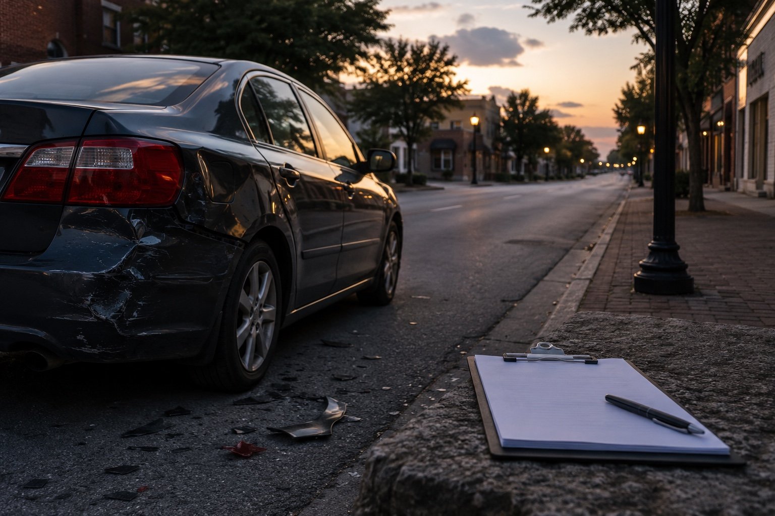 A damaged parked car on a quiet street beside a kerb