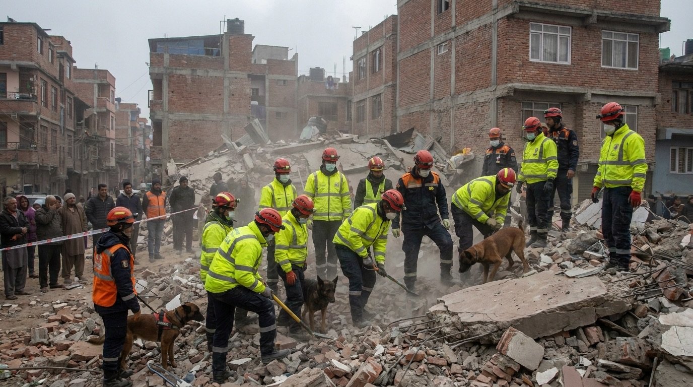 Rescue workers searching collapsed buildings after a major earthquake