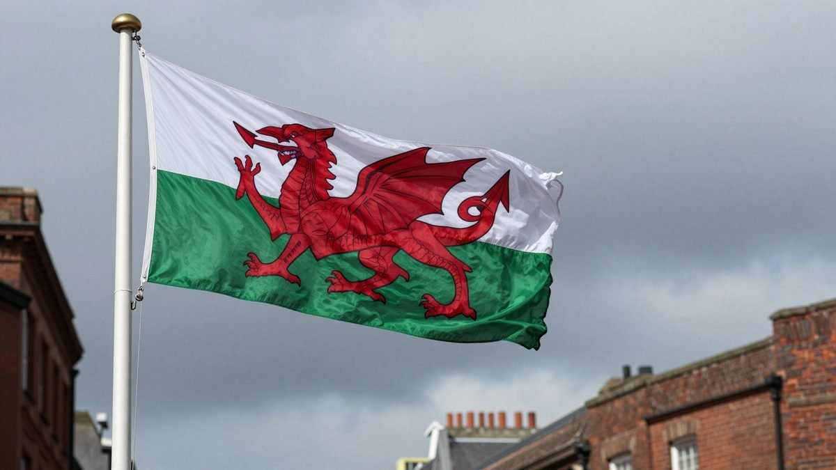 The Welsh flag with its red dragon flying against a grey sky above a Cardiff street