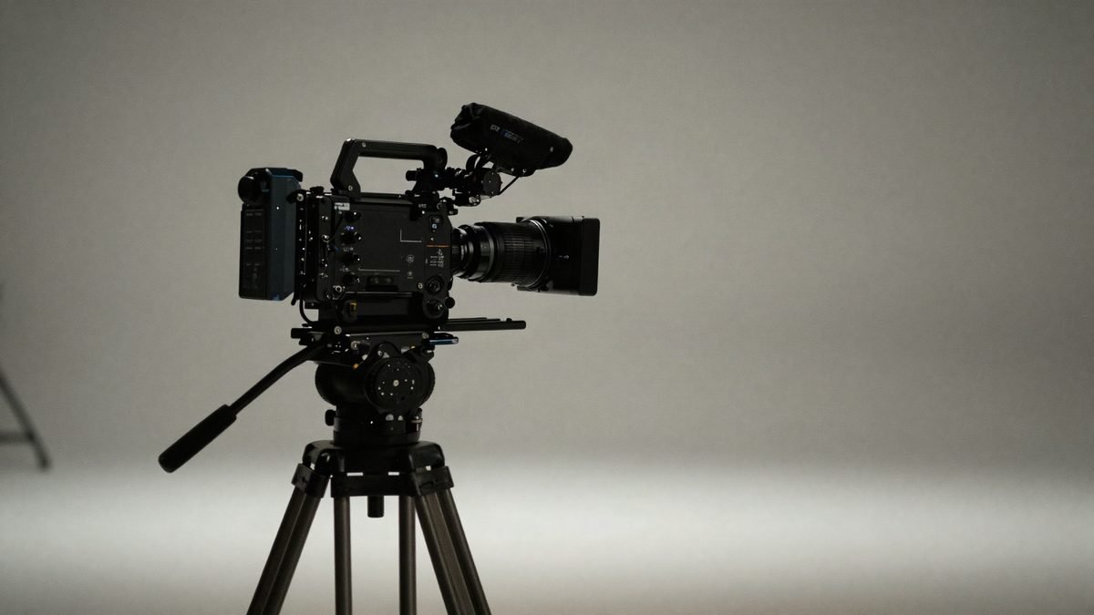 A documentary film camera on a tripod on a lit set