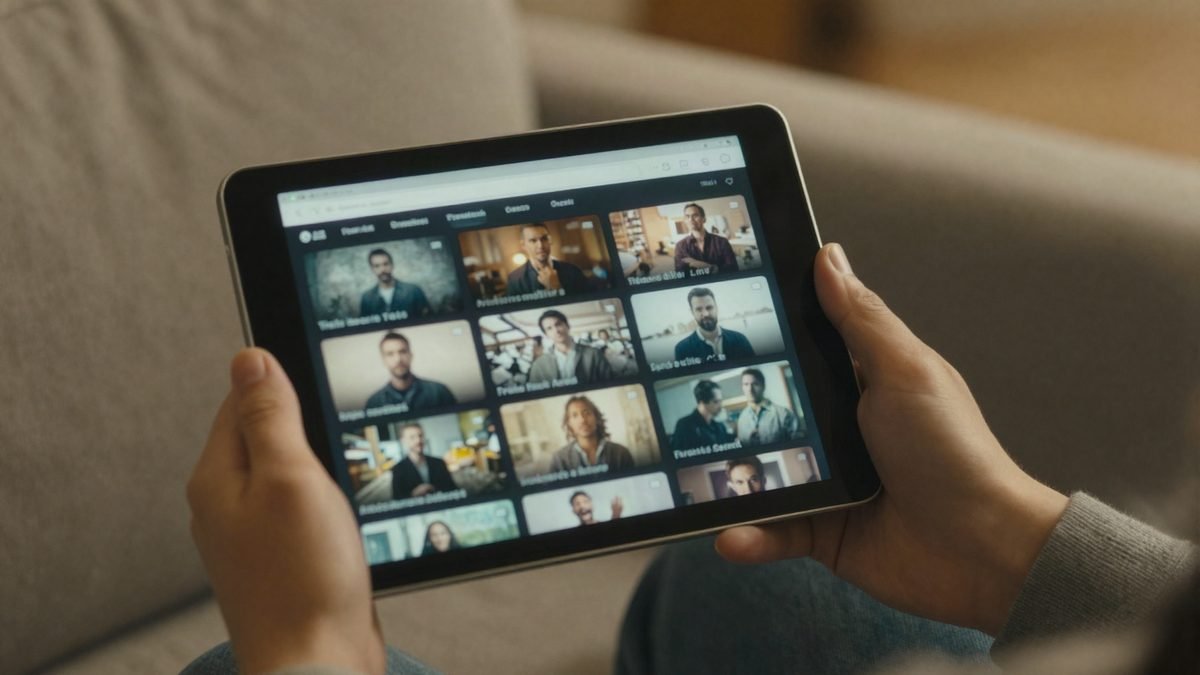 Hands holding a tablet showing a generic streaming grid