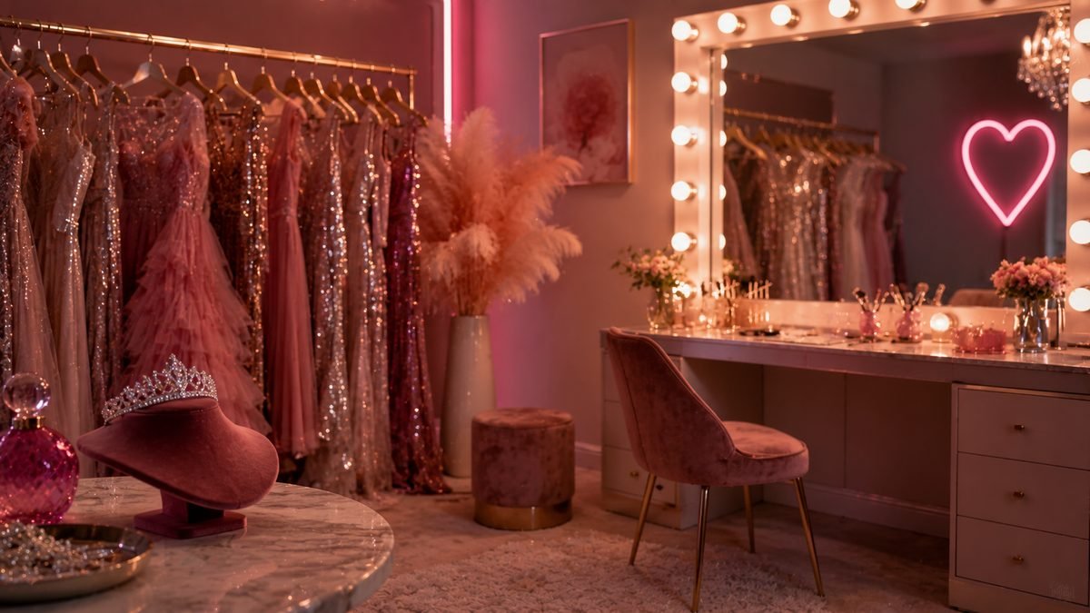 A pink glam dressing room with a tiara, sparkling gowns and a lit vanity mirror
