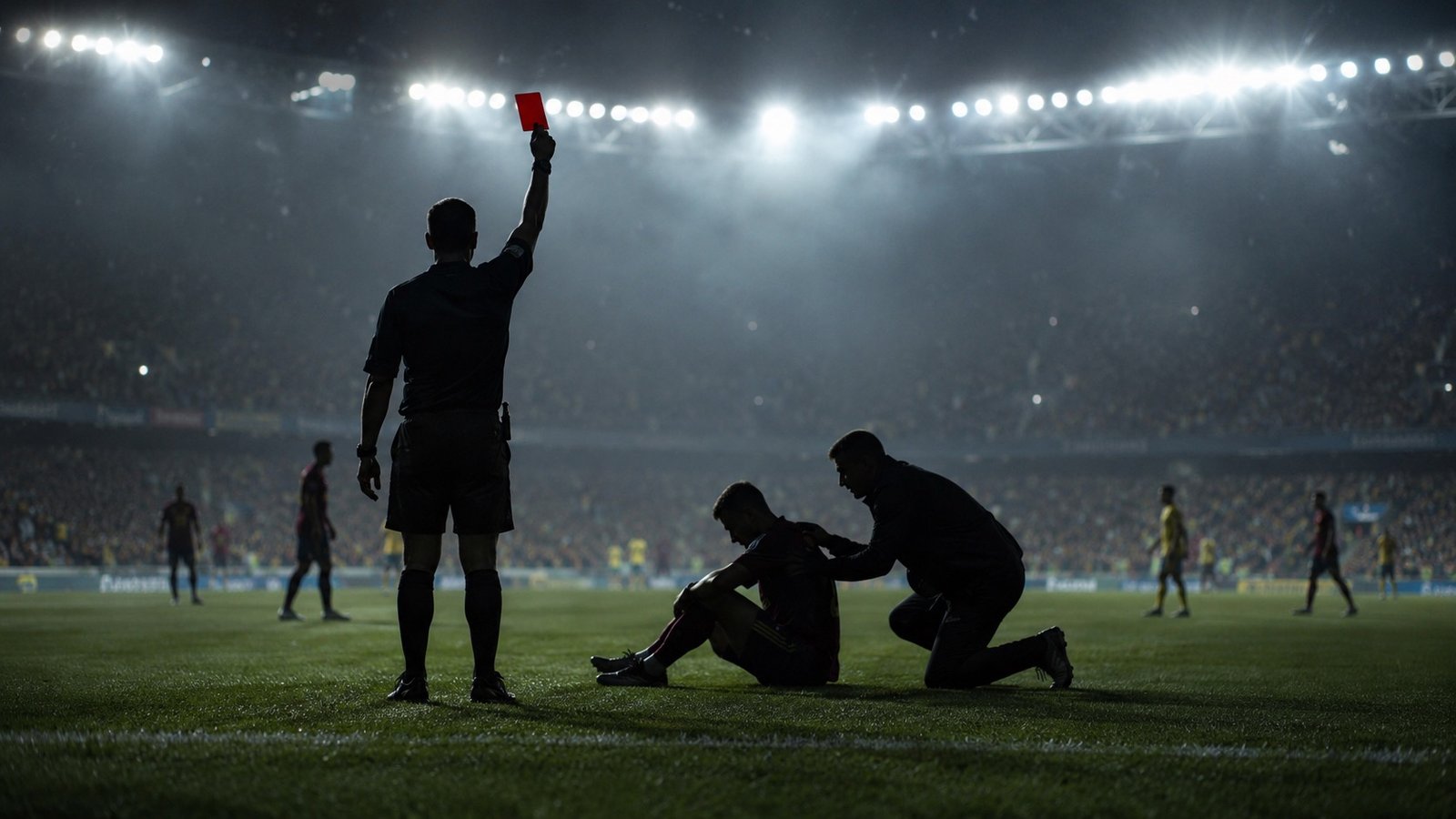 A football referee shows a red card during a World Cup match