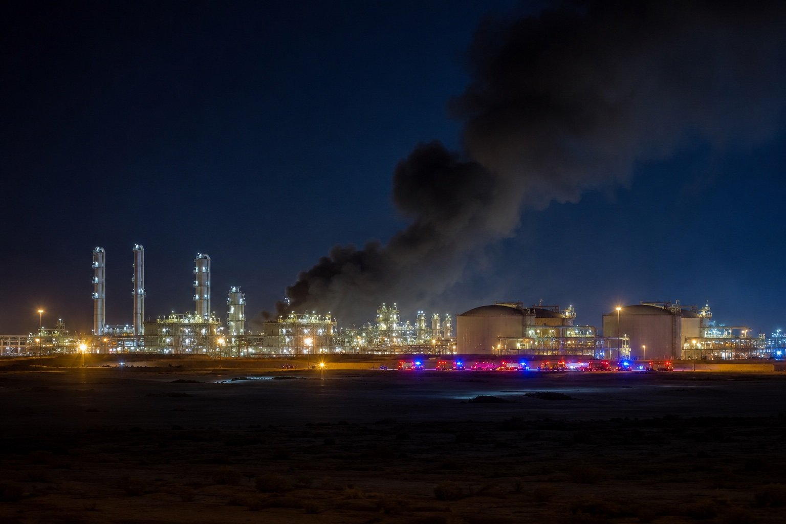 Emergency vehicles gathered at the perimeter of a large industrial gas plant at dusk, no company logos visible