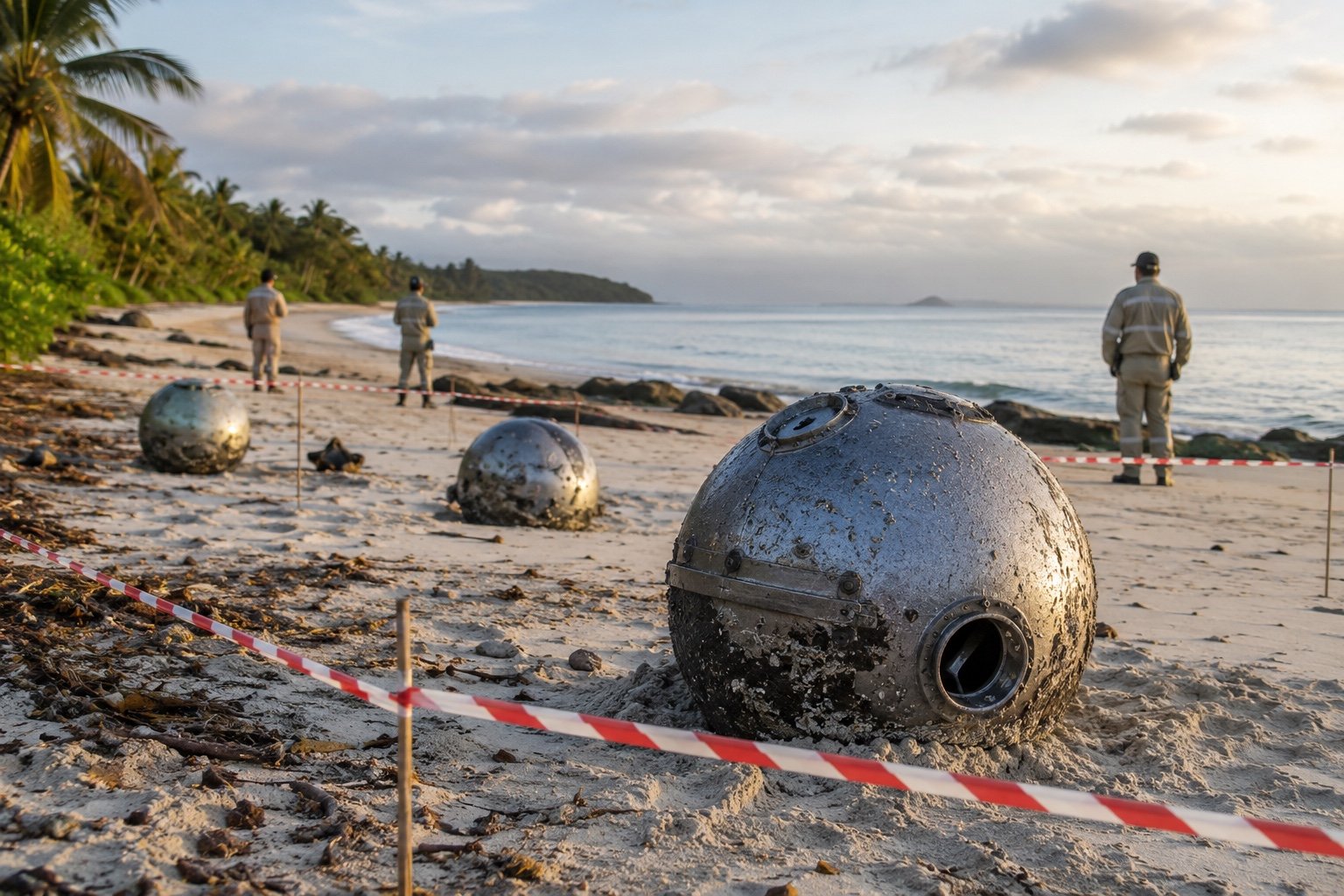 Metallic spherical debris on an Australian beach with warning cordon