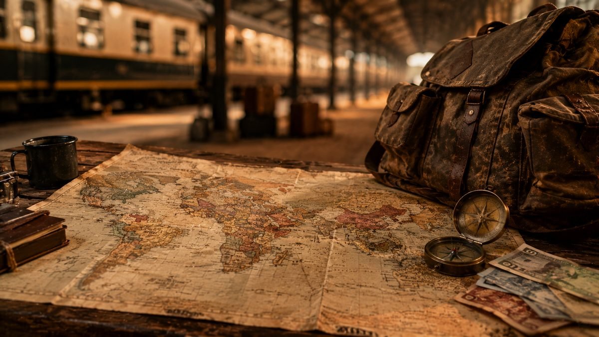 A vintage world map, brass compass and battered rucksack on a railway platform
