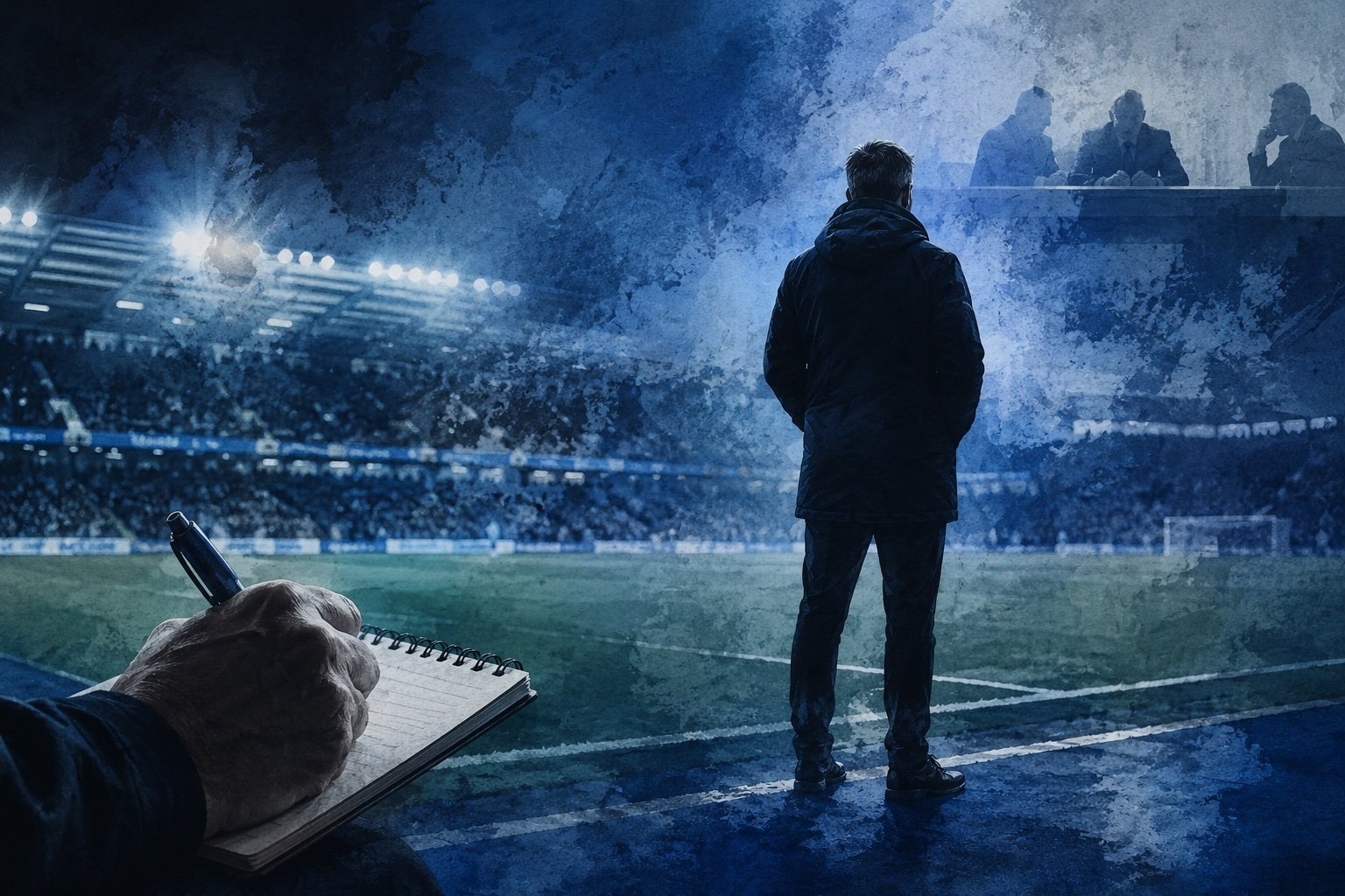 Empty football dugout and touchline beside a floodlit stadium pitch at dusk